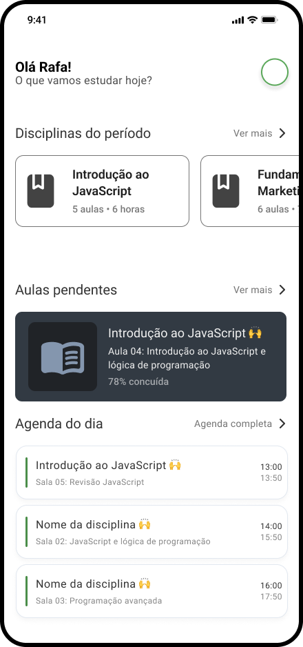 Estrutura de disciplinas e timeline